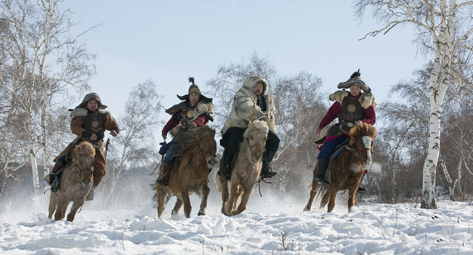 Mongol riders in the snow